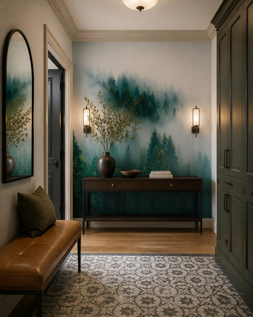 Foggy pines wallpaper in a designer entrance hall.