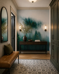 Foggy pines wallpaper in a designer entrance hall.