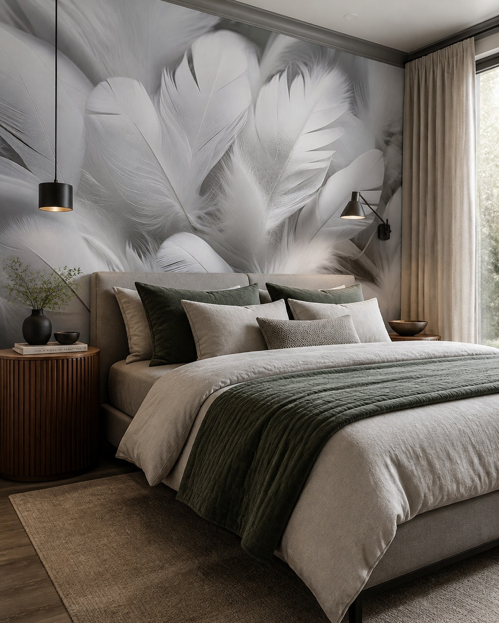 White feathers 3D wallpaper in a designer bedroom.