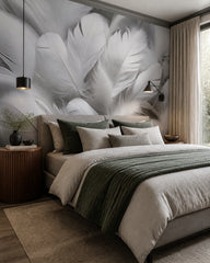 White feathers 3D wallpaper in a designer bedroom.