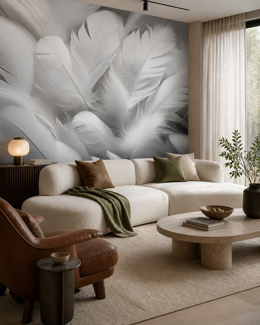 White feathers 3D wallpaper in a designer living room.