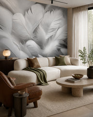 White feathers 3D wallpaper in a designer living room.