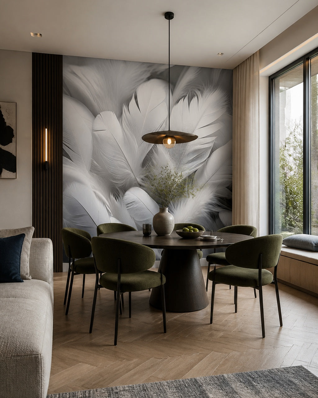White feathers 3D wallpaper in a refined dining area.