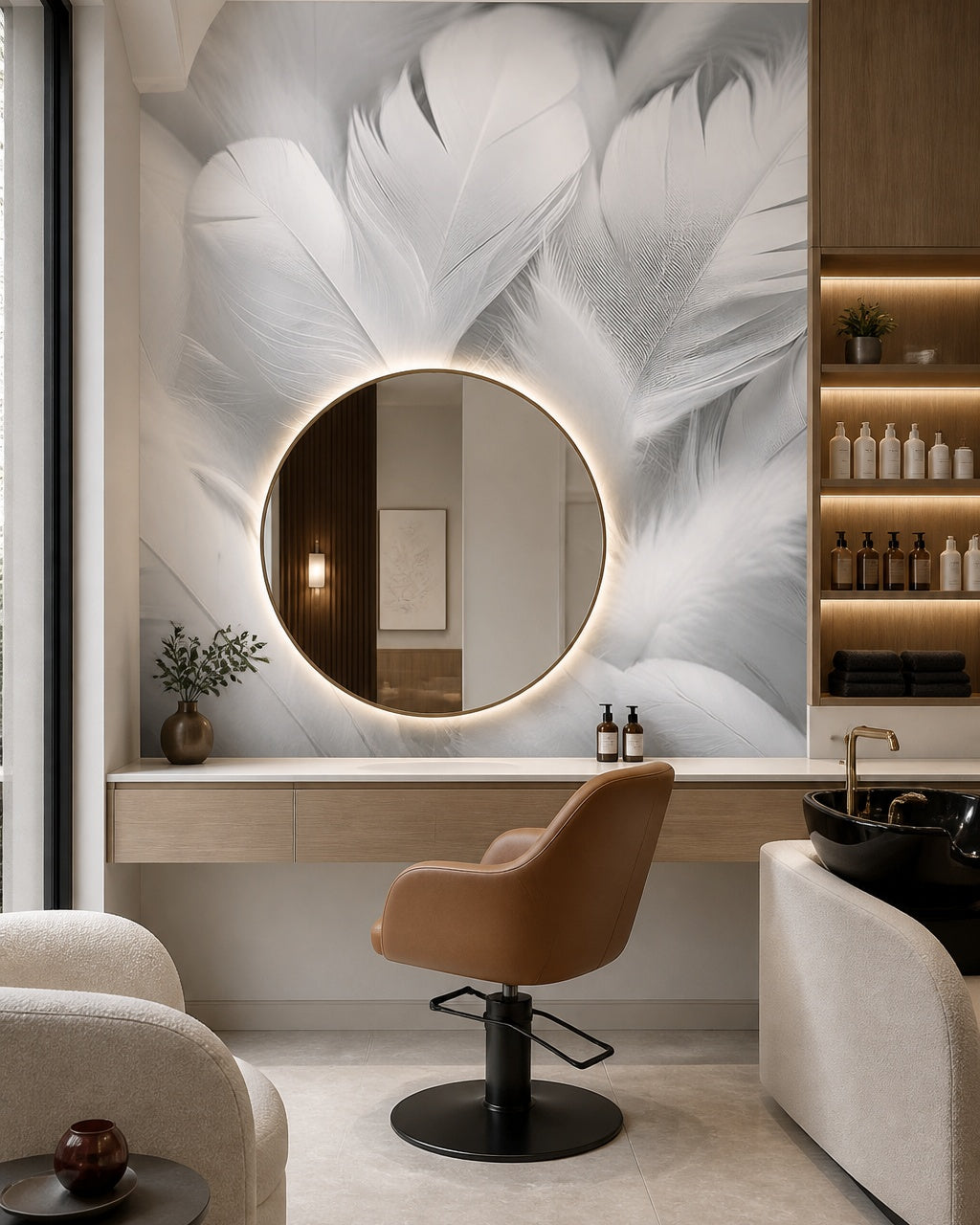 White feathers 3D wallpaper in a beauty salon.
