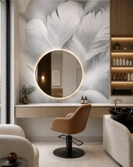 White feathers 3D wallpaper in a beauty salon.