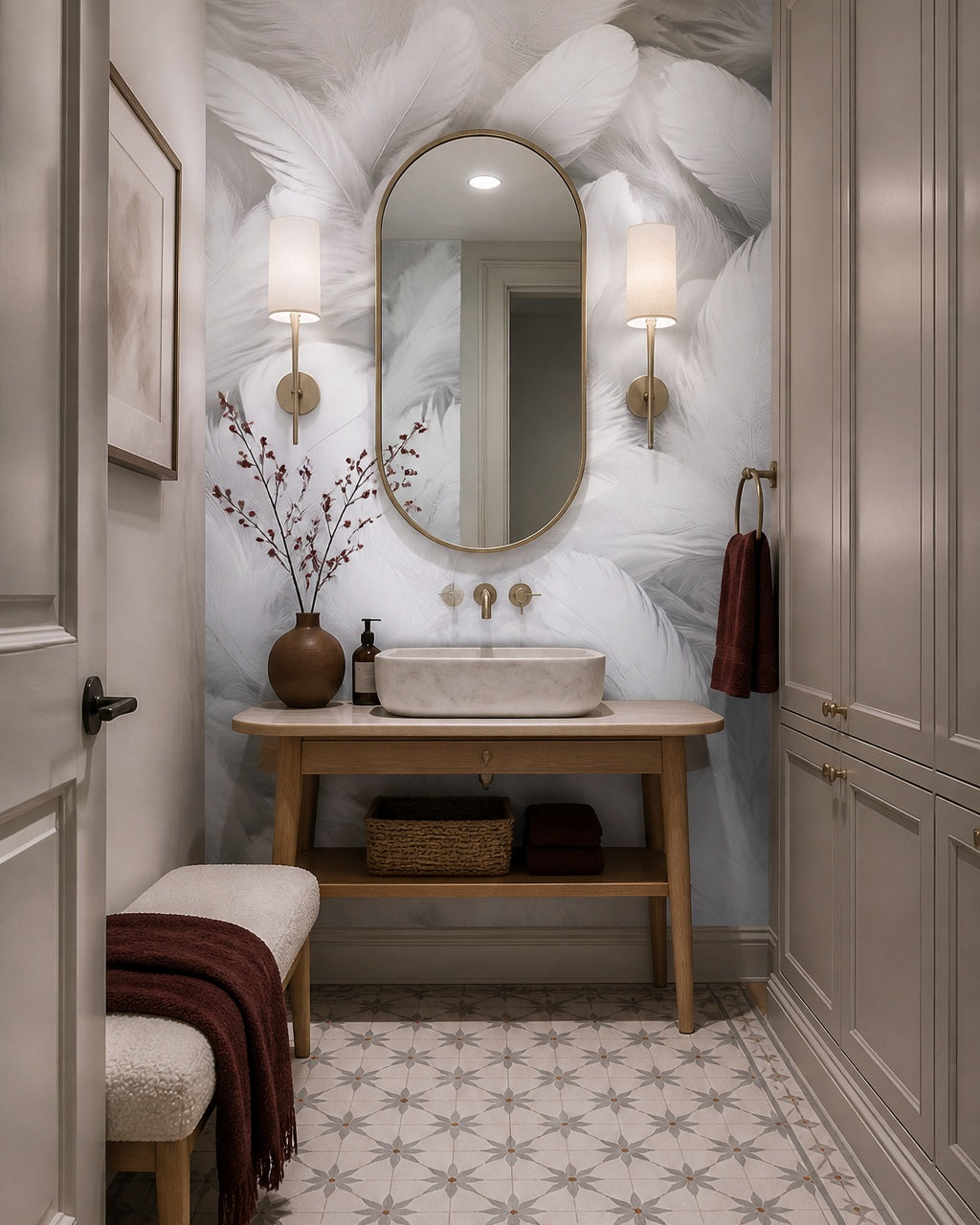 White feathers 3D wallpaper in an elegant powder room.