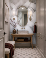 White feathers 3D wallpaper in an elegant powder room.