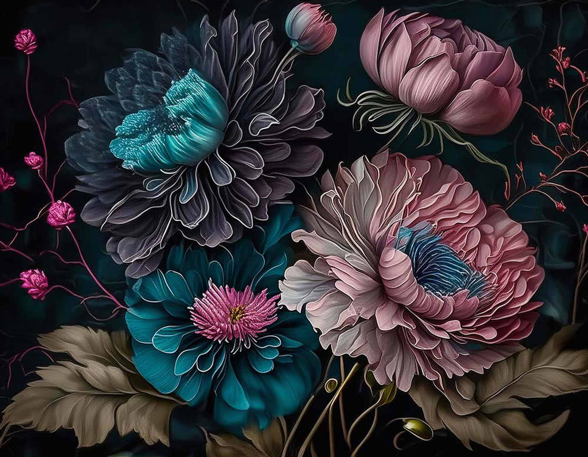 Papier peint fleurs de minuit – Papier peint panoramique pivoines roses et bleu canard sur noir