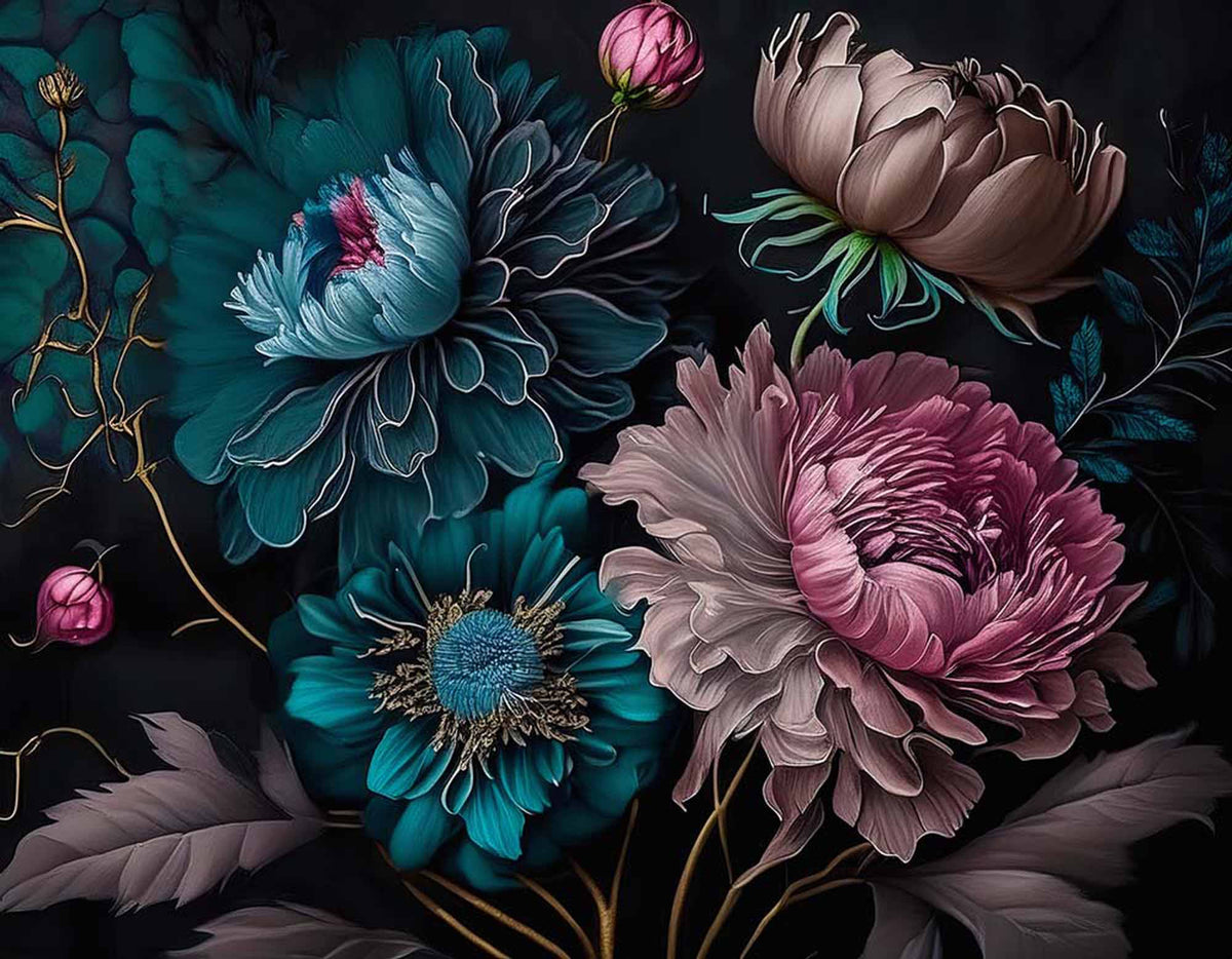 Papier peint floral de nuit glamour – Papier peint panoramique pivoines bleu canard et rose sur noir