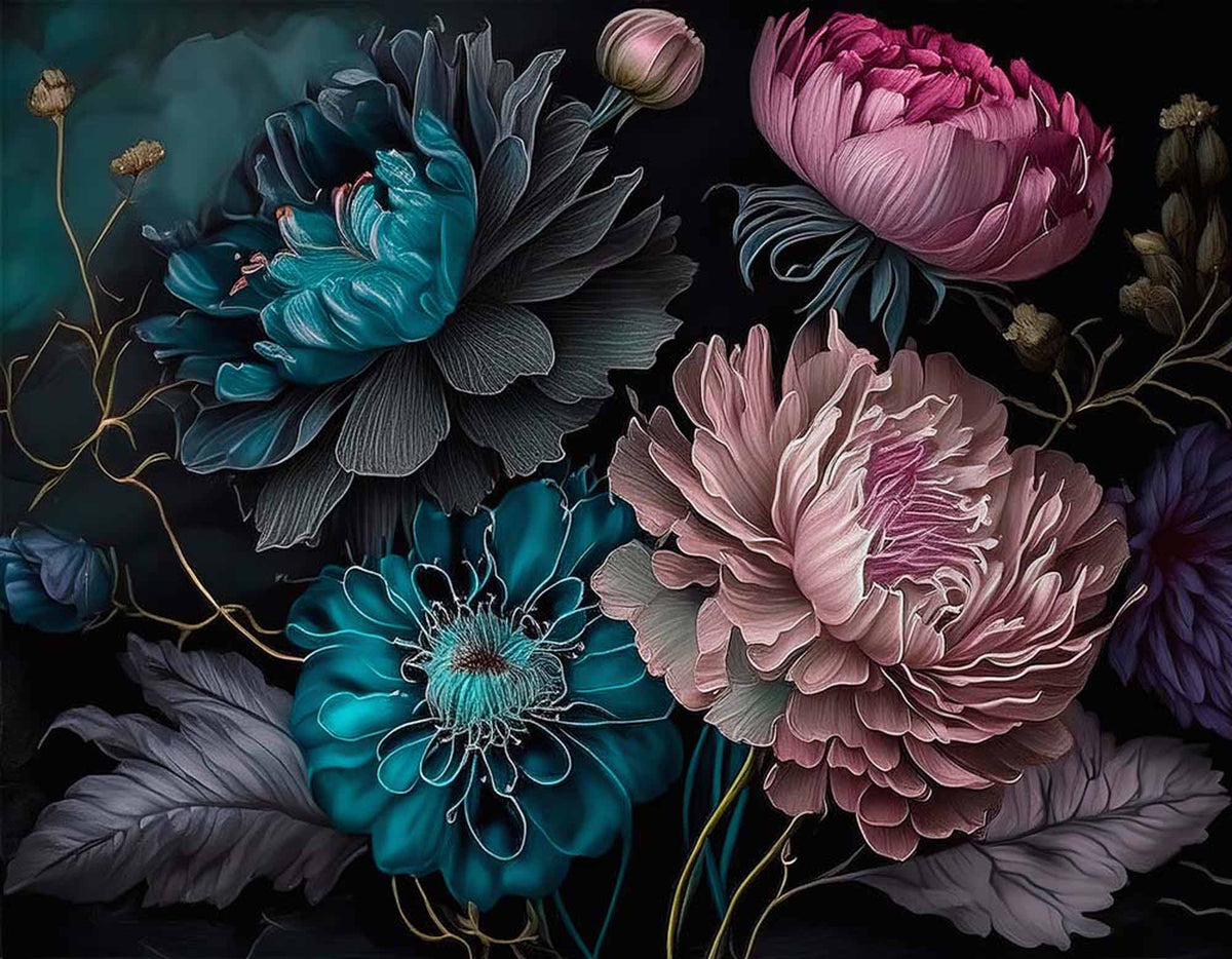 Papier peint jardin opulent – Papier peint panoramique pivoines bleu canard et roses sur fond sombre