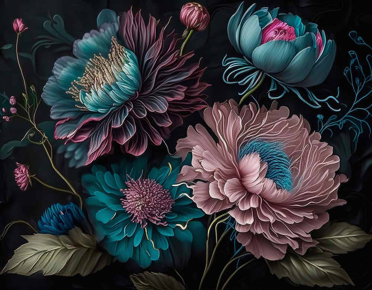 Papier peint floral sombre – Papier peint panoramique dahlias bleu canard et roses sur noir