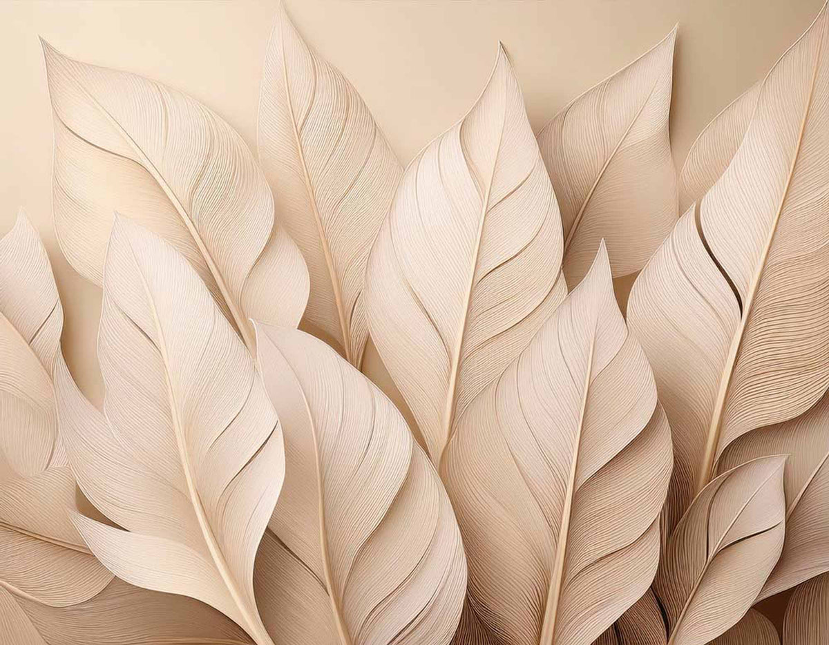 Papier peint grandes feuilles beiges 3D – Papier peint panoramique botanique rose poudré sculpté