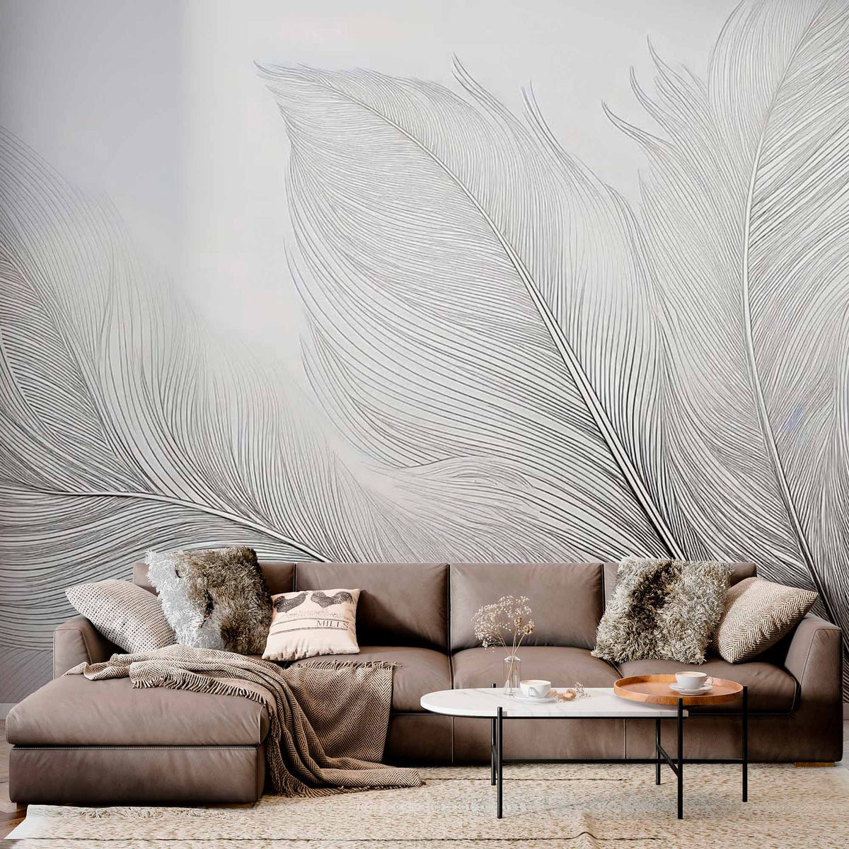 Tropical Palm Leaf Wall Mural White Wallpaper