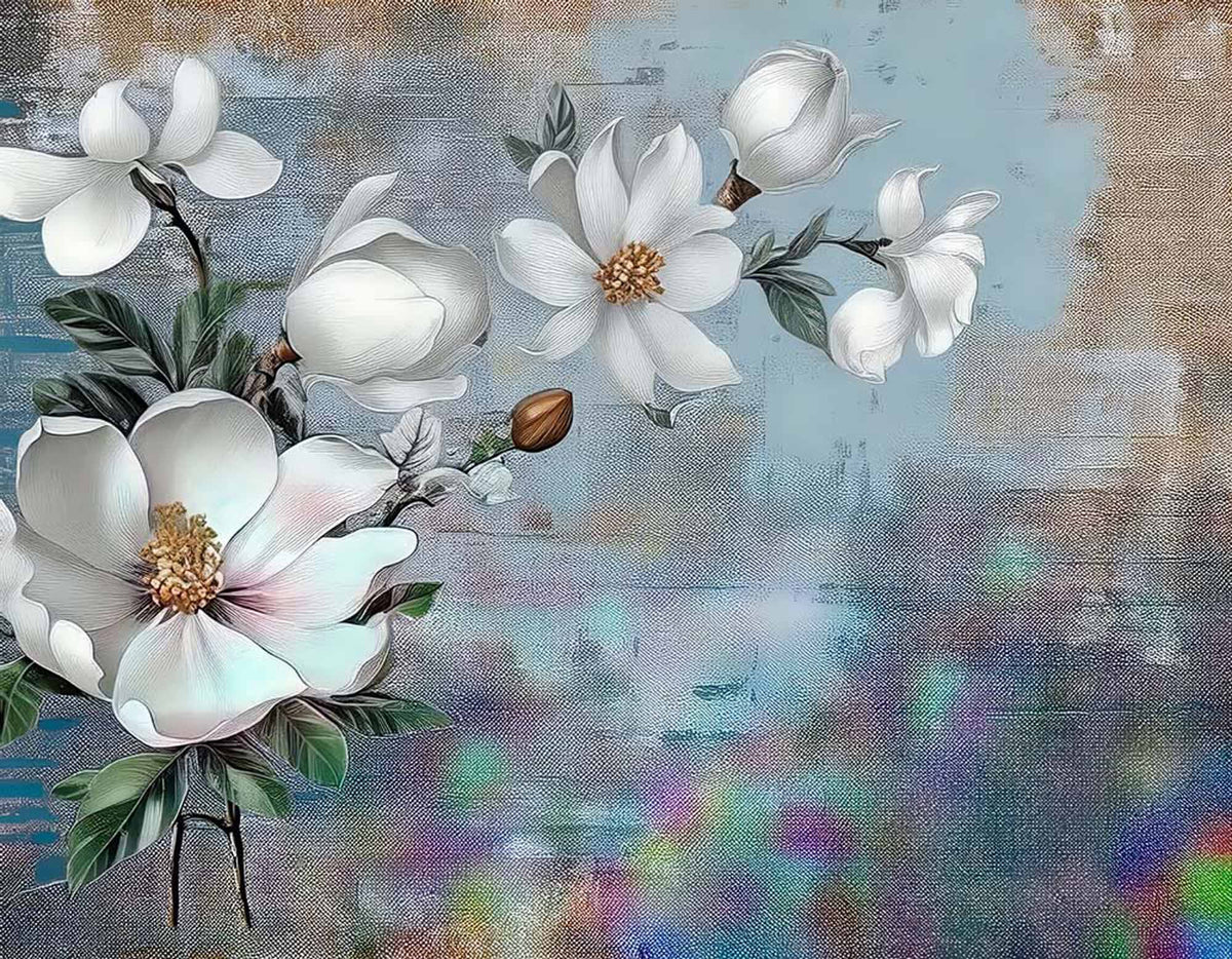 Papier peint magnolia vintage – Papier peint panoramique fleurs blanches sur bleu patiné