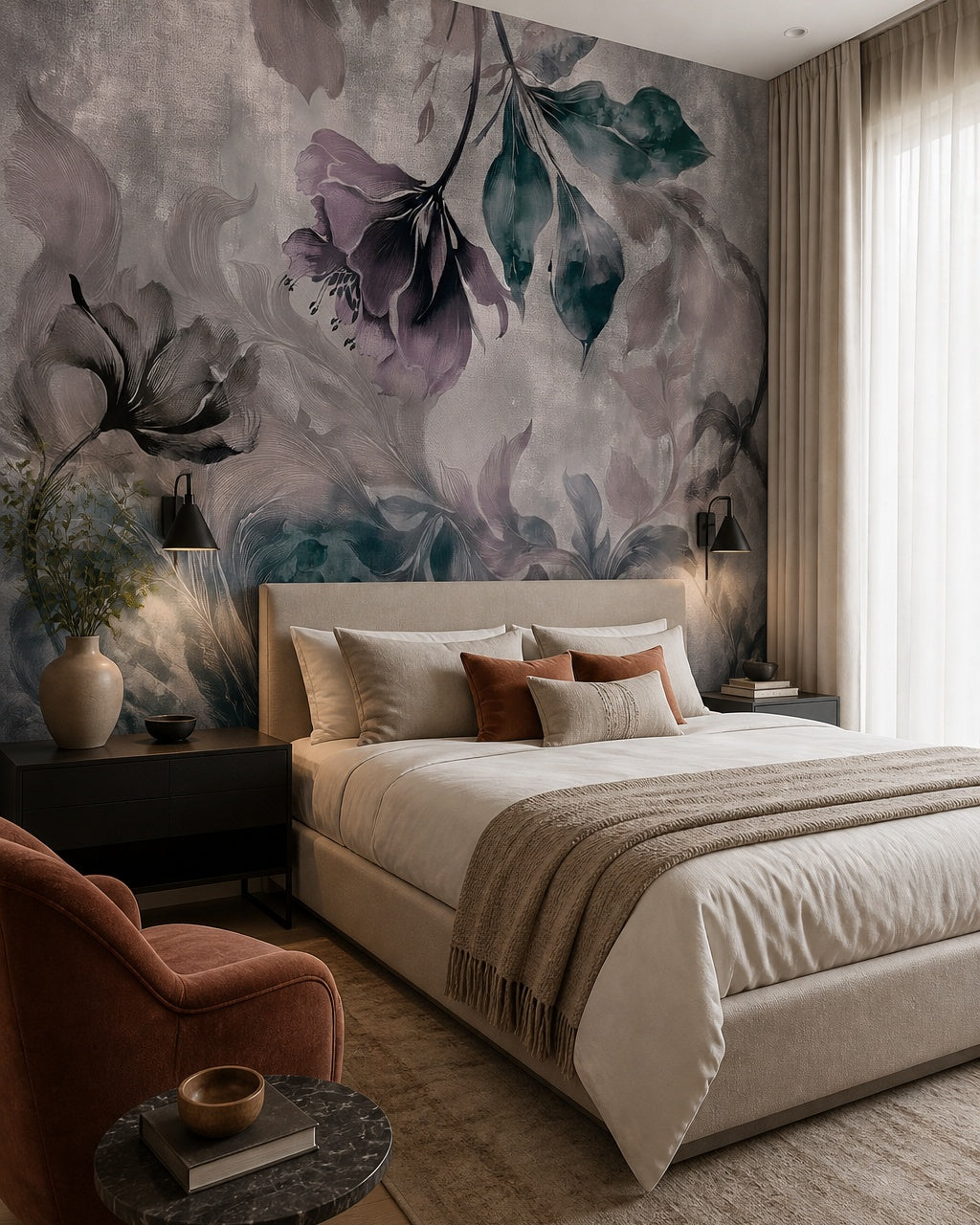 Purple flower petals wallpaper in a designer bedroom.