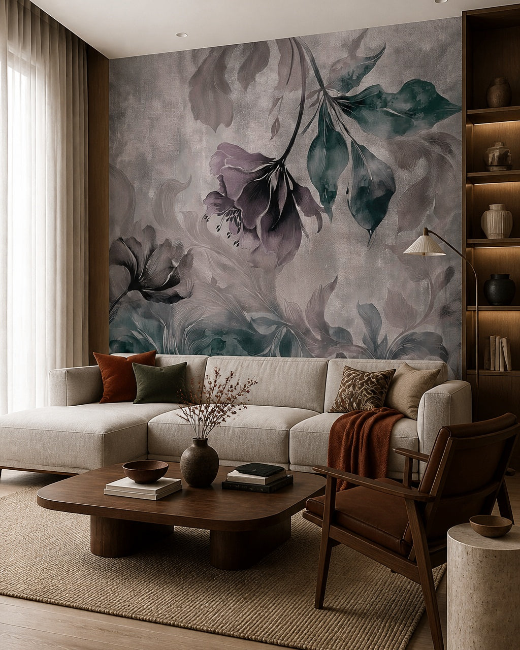 Purple flower petals wallpaper in a designer living room.