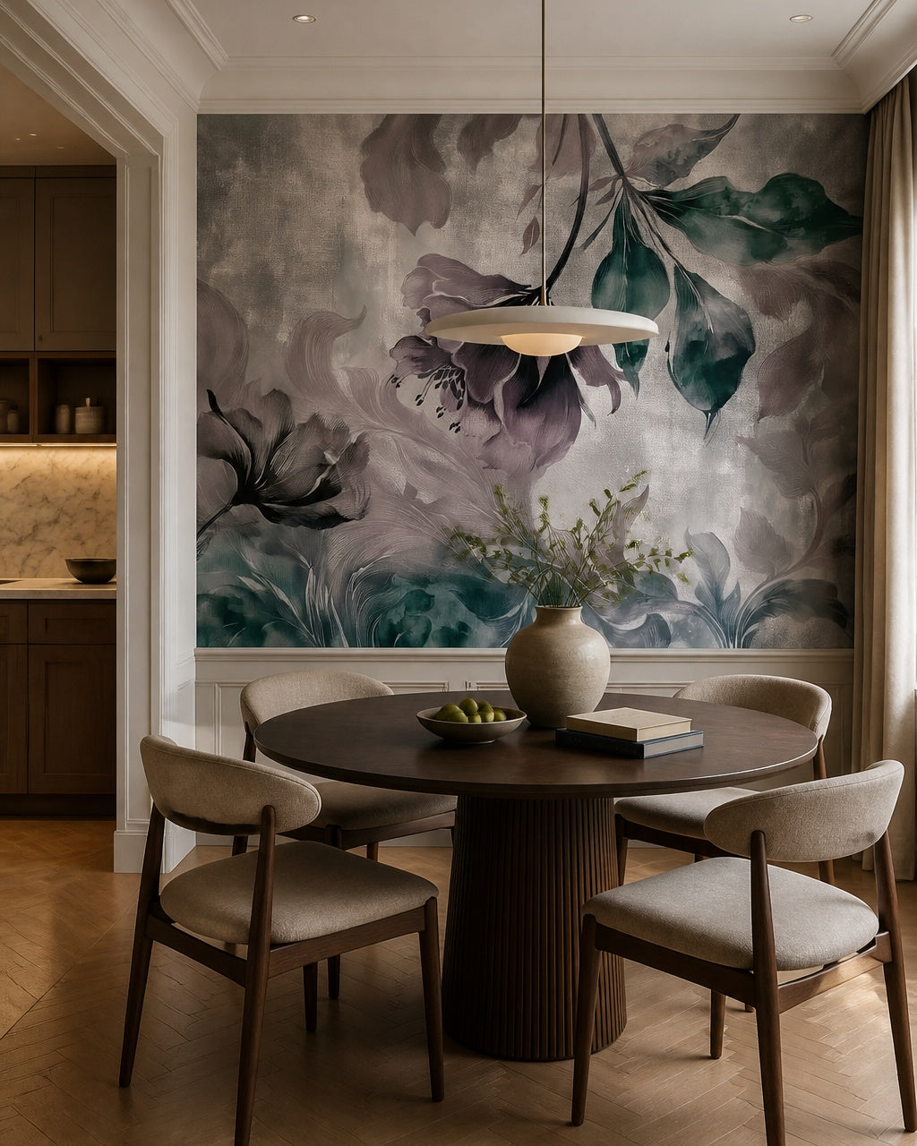 Purple flower petals wallpaper in a refined dining area.
