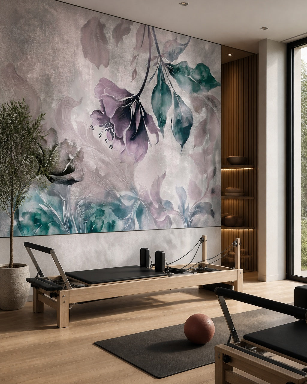 Purple flower petals wallpaper in a fitness studio.