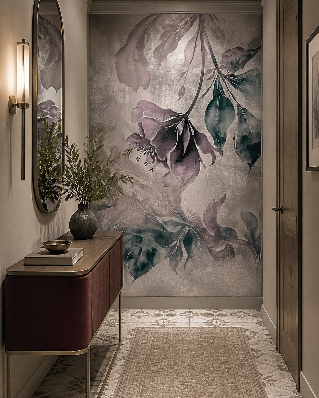 Purple flower petals wallpaper in an architectural hallway.