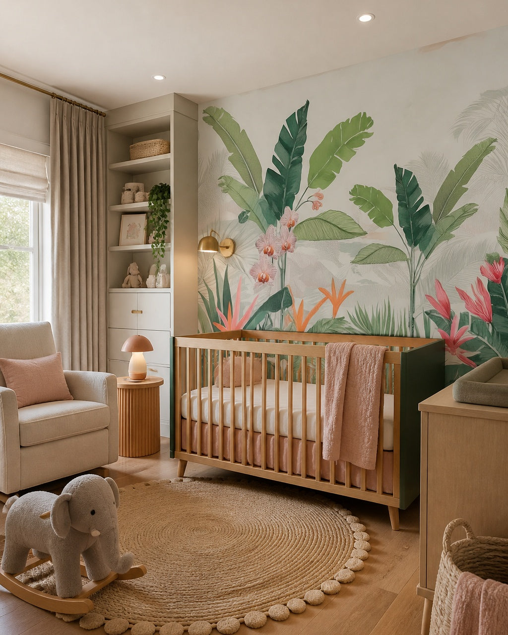 Tropical oasis wallpaper in a modern nursery with a crib.