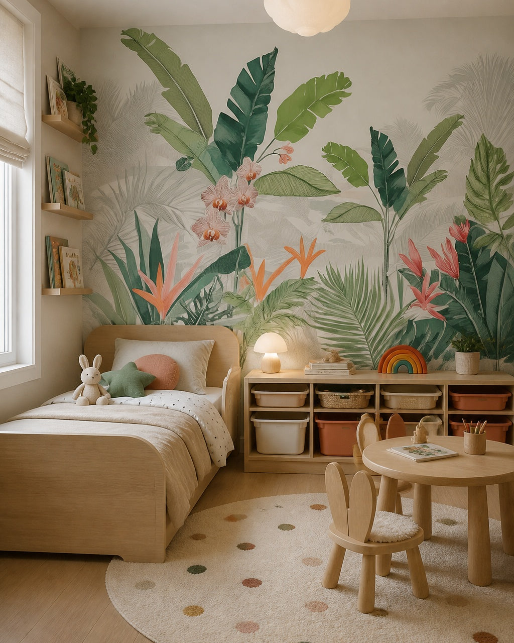 Tropical oasis wallpaper in a toddler bedroom with a child-sized bed.