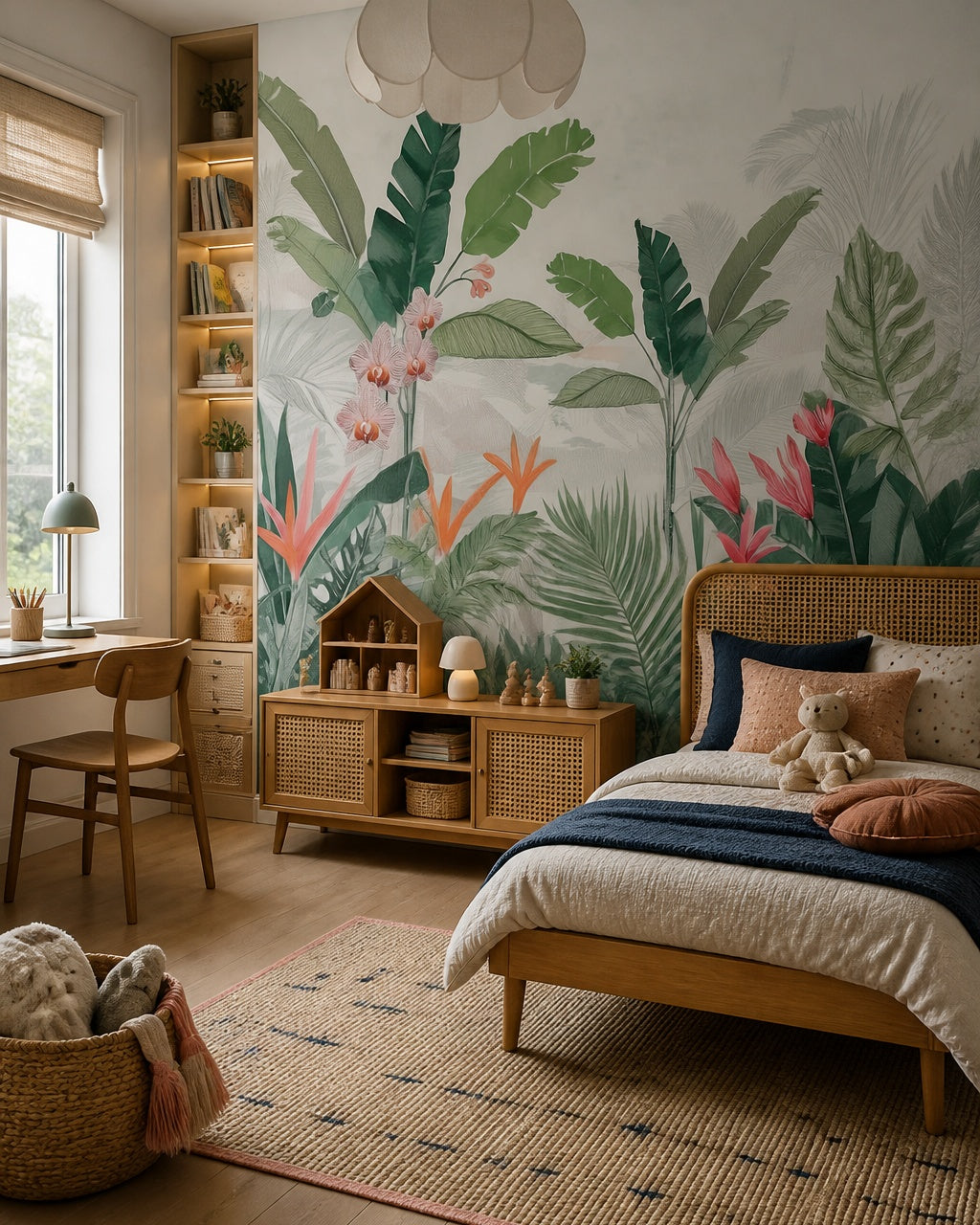 Tropical oasis wallpaper in a girl’s bedroom.