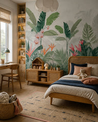 Tropical oasis wallpaper in a girl’s bedroom.
