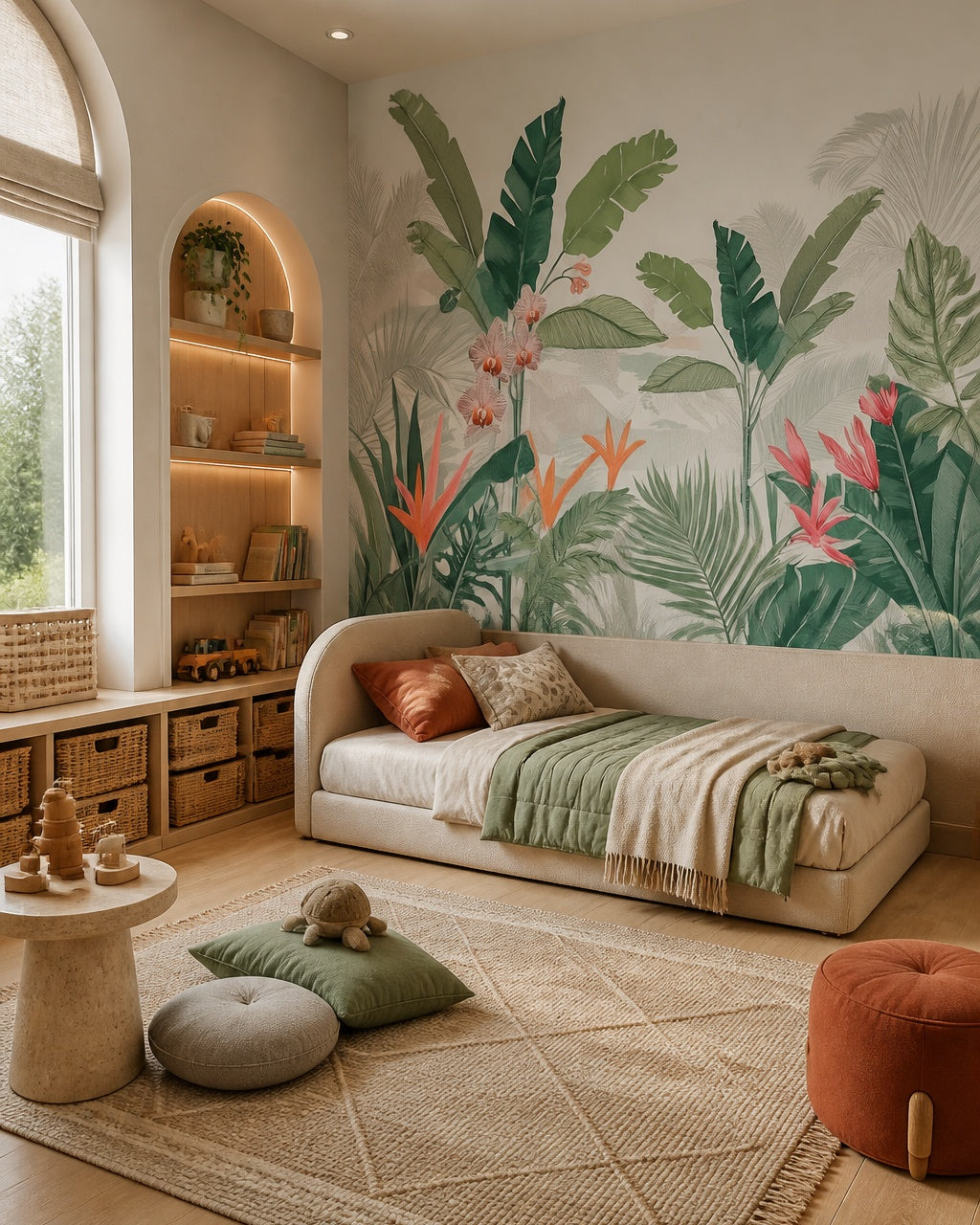 Tropical oasis wallpaper in a boy’s bedroom.