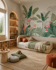 Tropical oasis wallpaper in a boy’s bedroom.