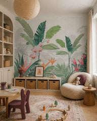Tropical oasis wallpaper in a children’s playroom.