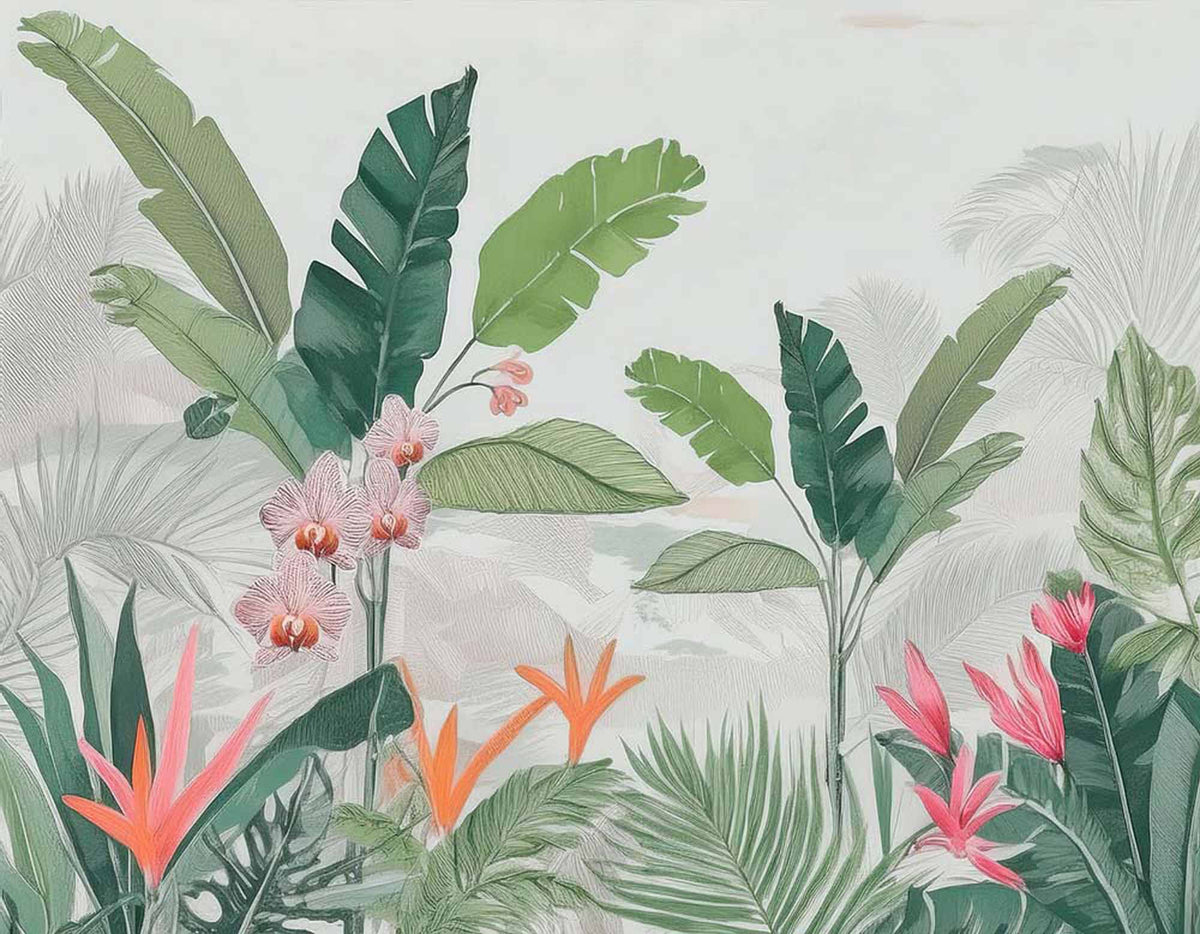 Papier peint oasis tropicale – Papier peint panoramique feuilles de bananier et fleurs roses