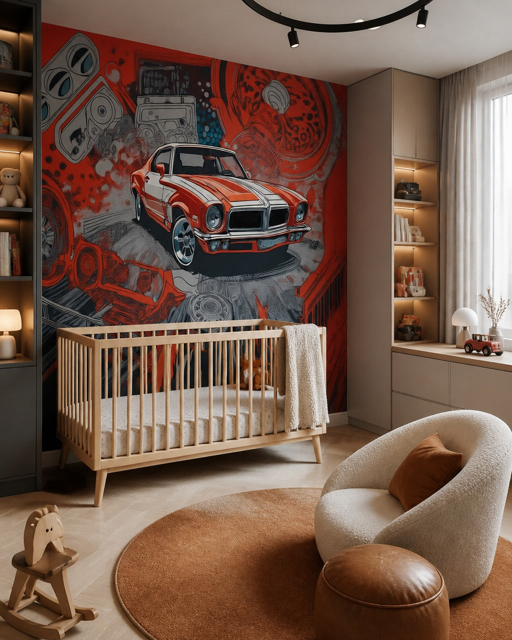 Retro muscle car wallpaper in a modern nursery with a crib.