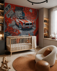 Retro muscle car wallpaper in a modern nursery with a crib.