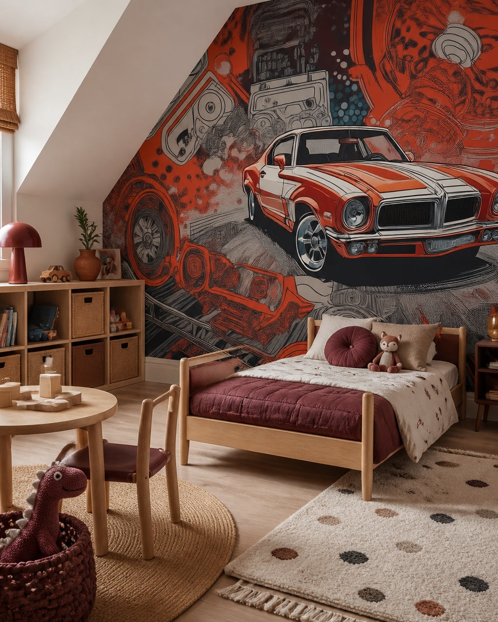 Retro muscle car wallpaper in a toddler bedroom with a child-sized bed.