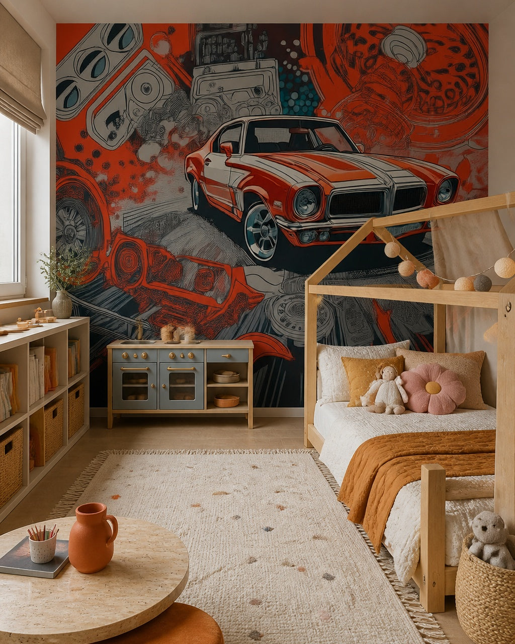 Retro muscle car wallpaper in a girl’s bedroom.