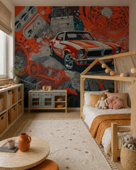 Retro muscle car wallpaper in a girl’s bedroom.
