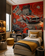 Retro muscle car wallpaper in a boy’s bedroom.