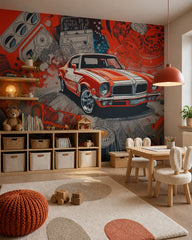 Retro muscle car wallpaper in a children’s playroom.