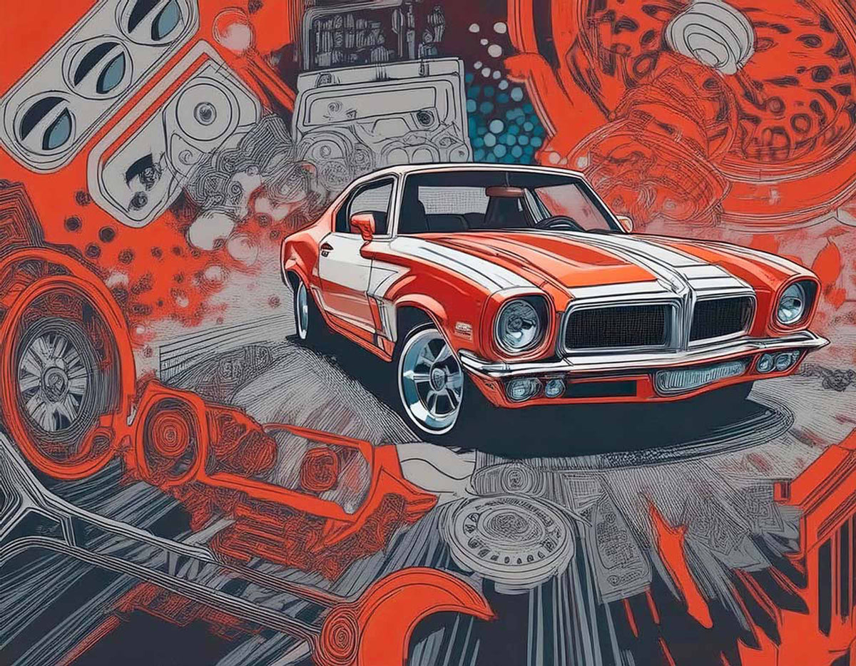 Retro muscle car behang – rode klassieke auto kunstwerk fotobehang