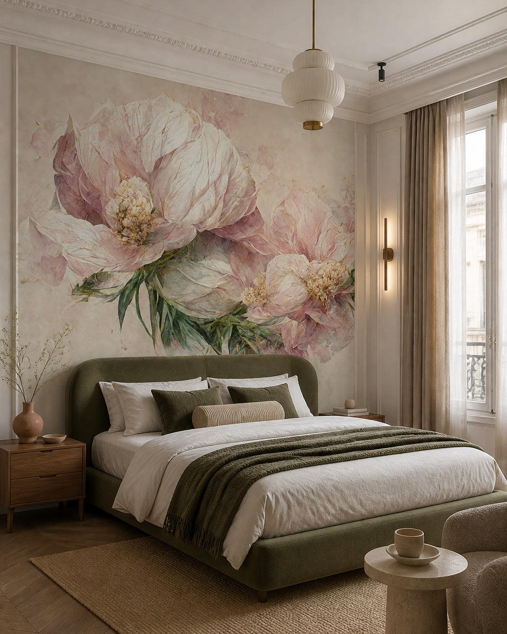 Vintage peony art wallpaper in a designer bedroom.