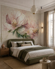 Vintage peony art wallpaper in a designer bedroom.