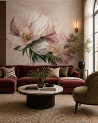 Vintage peony art wallpaper in a designer living room.