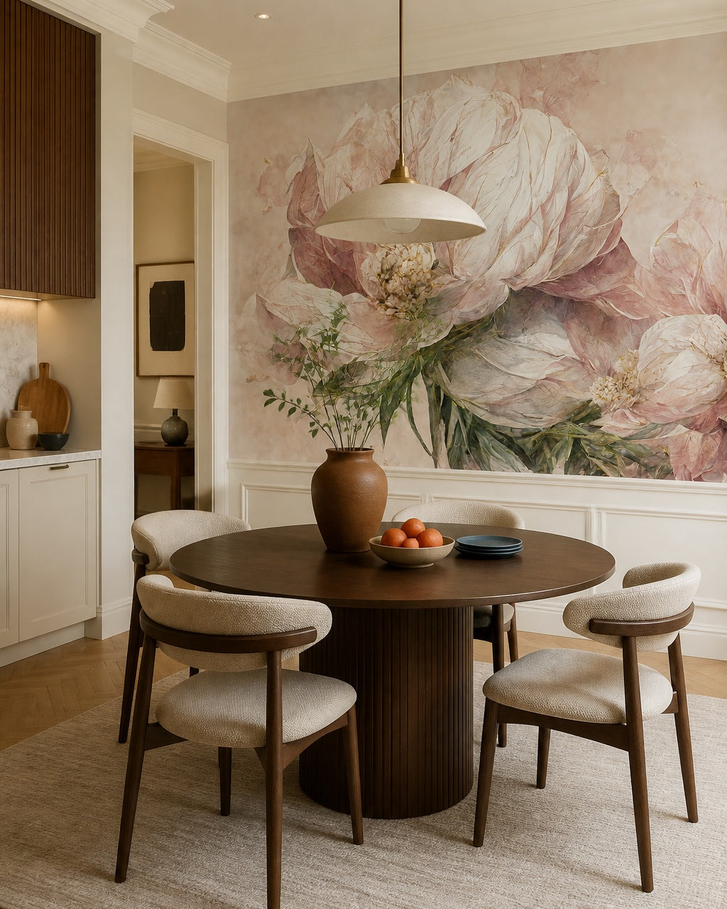 Vintage peony art wallpaper in a refined dining area.