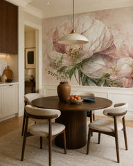 Vintage peony art wallpaper in a refined dining area.
