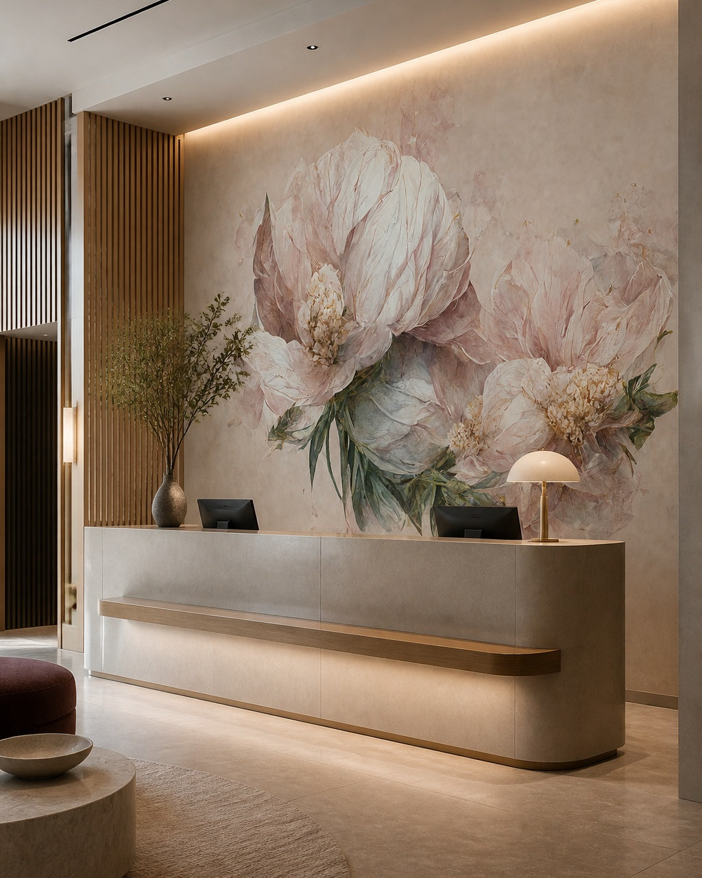 Vintage peony art wallpaper at a hotel reception desk.