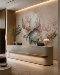 Vintage peony art wallpaper at a hotel reception desk.