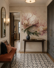 Vintage peony art wallpaper in a refined foyer.