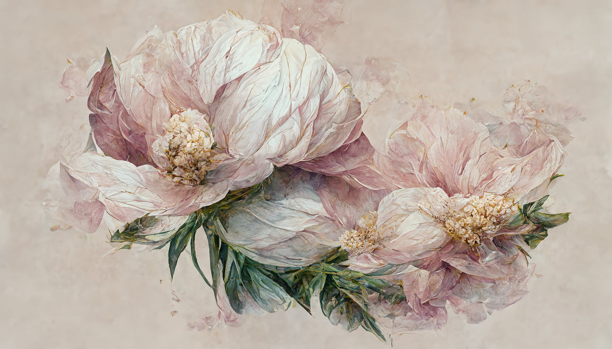 Papier peint pivoines vintage – Papier peint panoramique grandes pivoines rose poudré sur beige