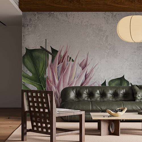 Protea Art Wall Mural Concrete Blackground Botanical Wallpaper