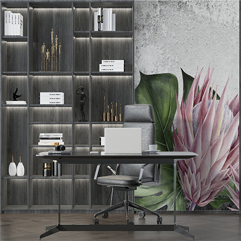 Protea Art Wall Mural Concrete Blackground Botanical Wallpaper